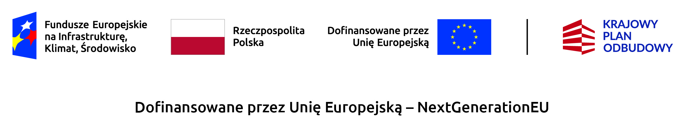 Logo Zbitka logo Fundusze Europejskie na Infrastrukturę, Klimat, Środowisko, Krajowego Planu Odbudowy, flaga Polski i Unii Europejskiej